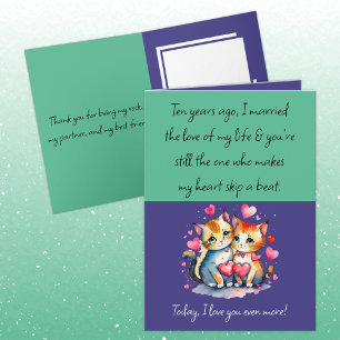 Carte Mari 10e anniversaire chats vert pourpre