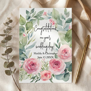 Carte Mariage à l'aquarelle Rose rose et Eucalyptus