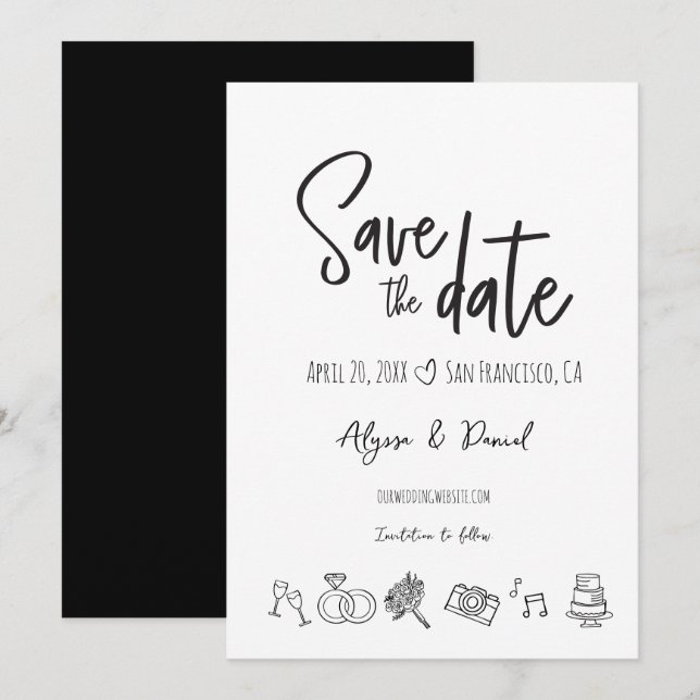 Carte Mariage à main Chic noir blanc Enregistrer la date (Devant / Derrière)