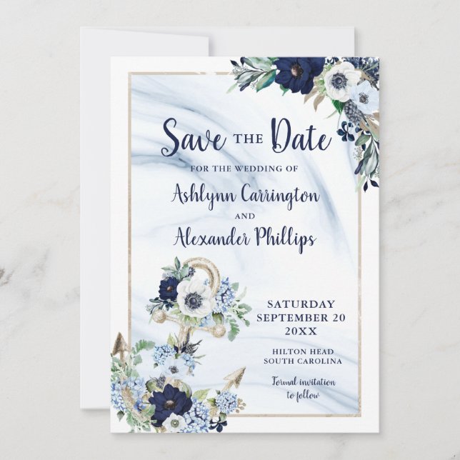 Carte Mariage Ancre nautique Floral ENREGISTRER LA DATE (Devant)
