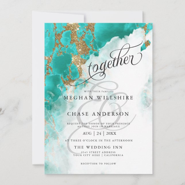 Carte MARIAGE | Aquarelle turquoise BarefootBride™ (Devant)