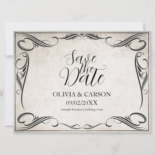 Carte Mariage Art Déco Noir Vintage Enregistrer la Date (Devant)