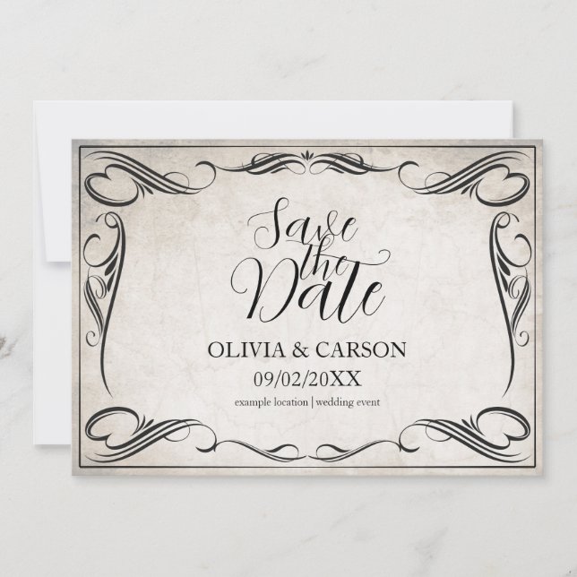 Carte Mariage Art Déco Noir Vintage Enregistrez la Date (Devant)