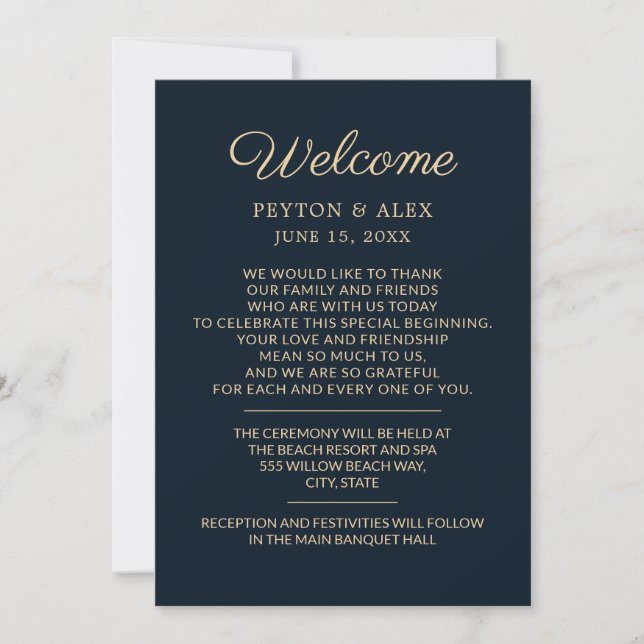 Carte Mariage Bienvenue Itinéraire Marine bleu Tan (Devant)