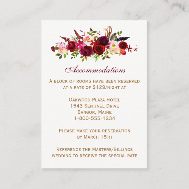 Carte mariage Boîtier - Floral Bourgogne, Plumes (Devant)