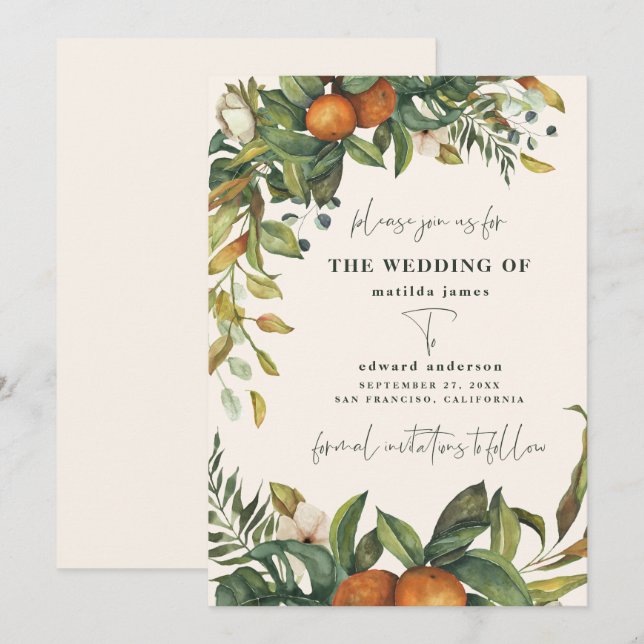 Carte Mariage botanique d'agrumes orange (Devant / Derrière)