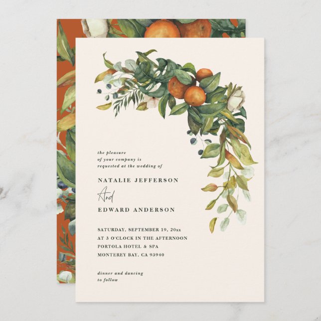 Carte Mariage botanique d'agrumes orange (Devant / Derrière)