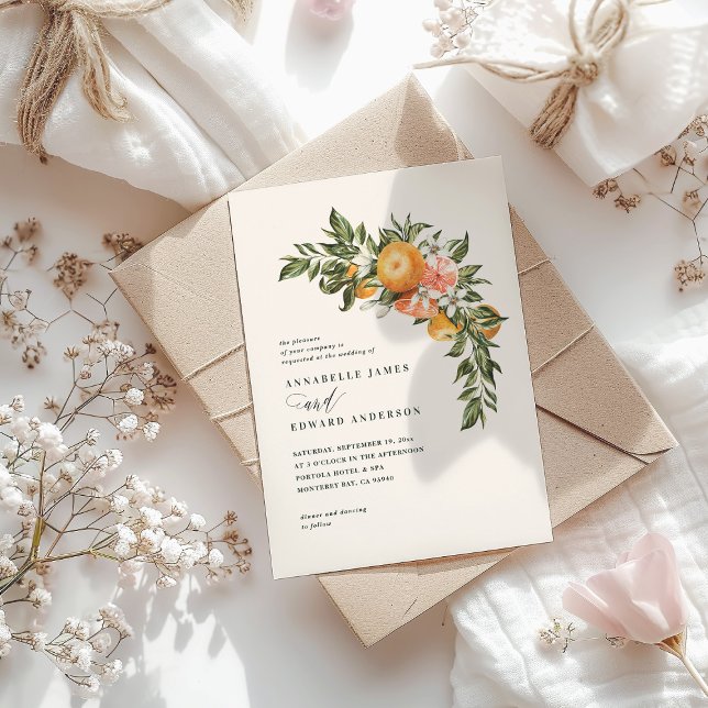 Carte Mariage botanique de fleurs d'agrumes orange (Créateur téléchargé)