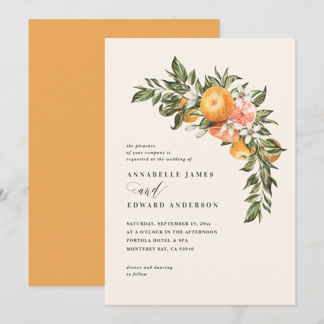 Carte Mariage botanique de fleurs d'agrumes orange (Devant / Derrière)
