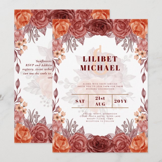 Carte Mariage botanique floral de la chute d'orange brûl (Devant / Derrière)