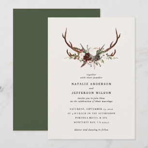 Carte Mariage botanique rustique, floral et vert cerf