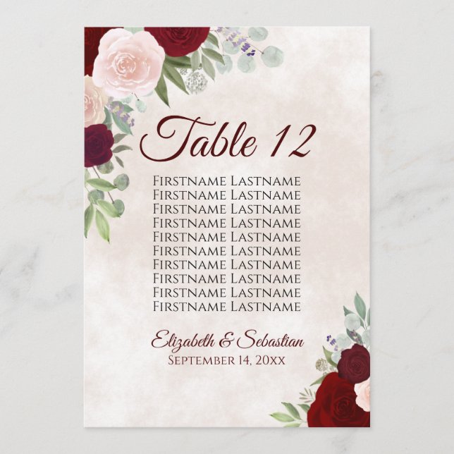 Carte Mariage Bourgogne Blush Sein Numéro de tableau (Devant)