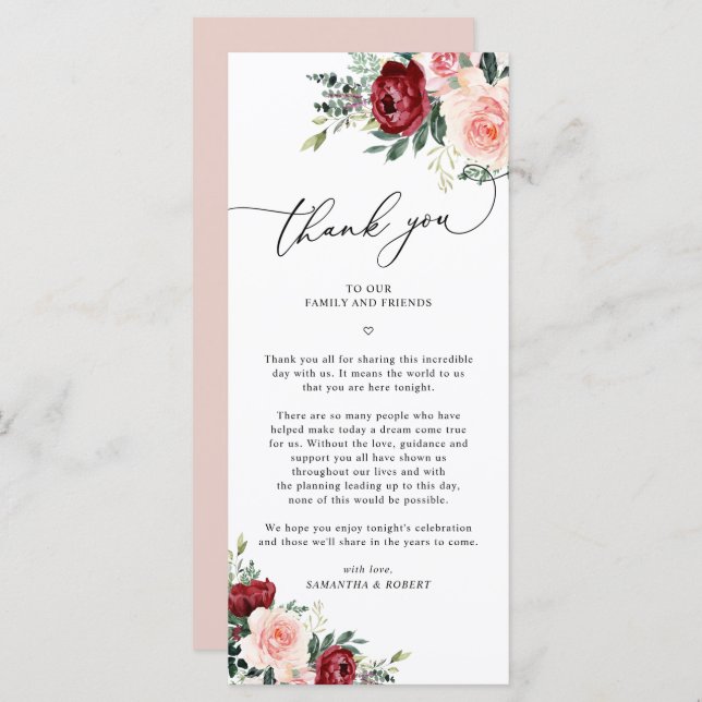 Carte Mariage Burgundy Blush Merci (Devant / Derrière)