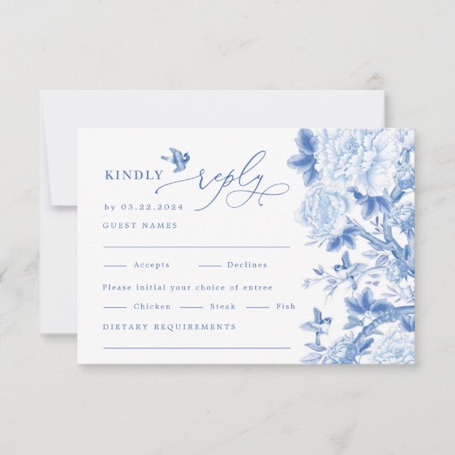Carte Mariage classique bleu blanc Chinoiserie RSVP (Devant)