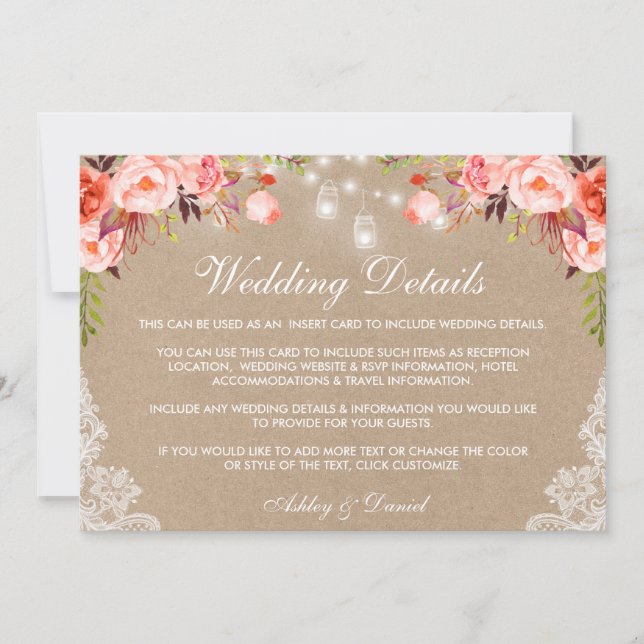 Carte Mariage Coral Jar Lumières Dentelles Détails Kraft (Devant)