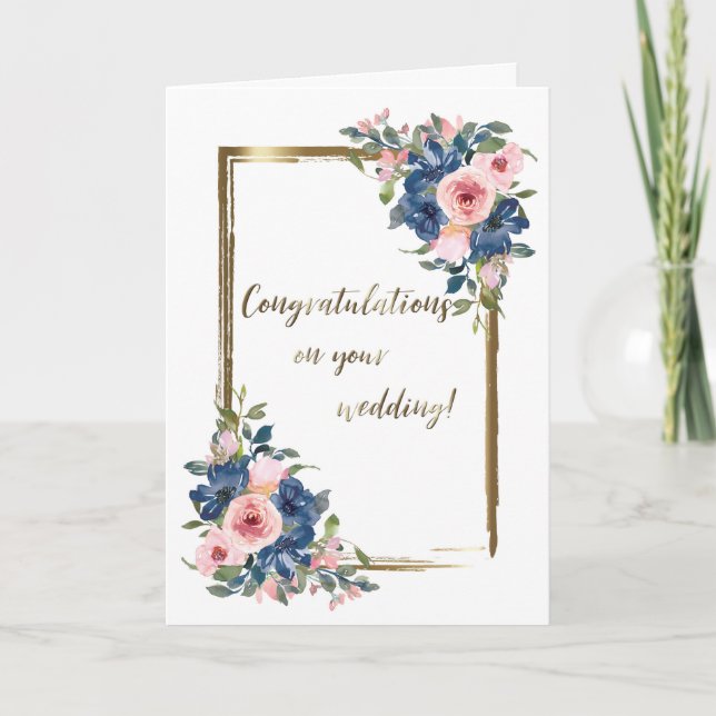 Carte Mariage couleur Watercolor Navy et Blush (Devant)