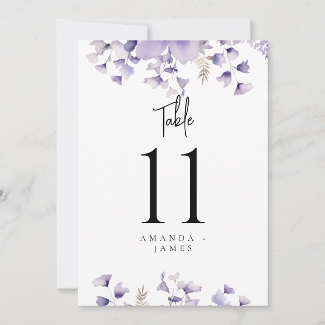 Carte Mariage d'aquarelle florale pourpre Numéros de tab (Devant)