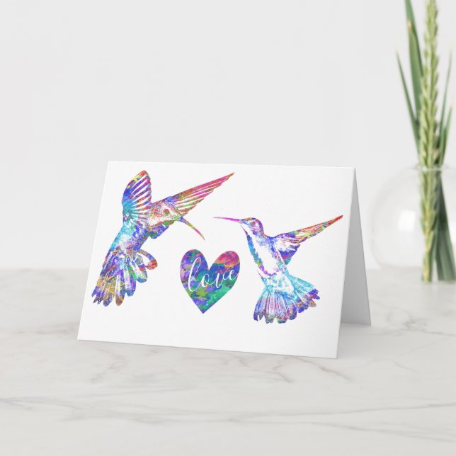 Carte Mariage de cœur d'amour et de colibris à l'aquarel (Devant)
