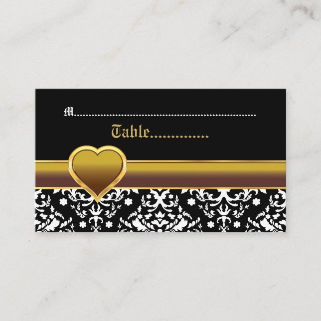 Carte mariage de coeur en or noir blanc damassé (Devant)