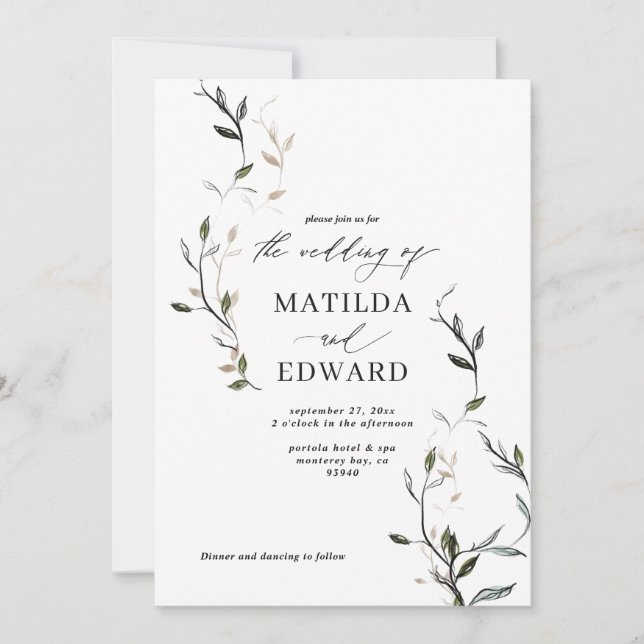 Carte Mariage de feuillage botanique en feuilles esquiss (Devant)
