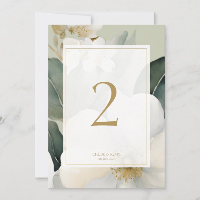 Carte Mariage de fleurs d'aquarelle verte Sage Numéro de (Devant)
