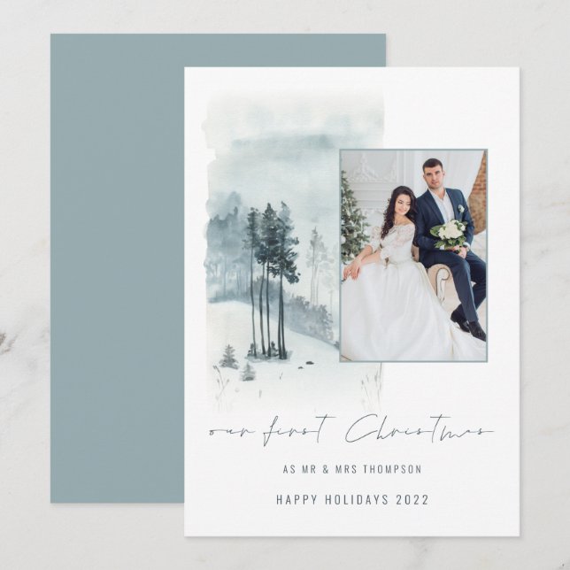 Carte Mariage de la forêt de neige Photo 1er Marié Noël (Devant / Derrière)