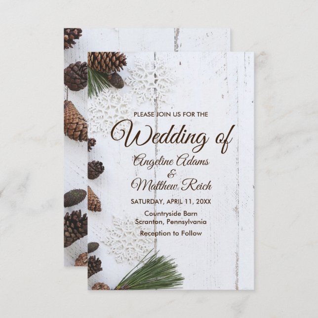 Carte Mariage de Pinecone et Snowflakes d'hiver (Devant / Derrière)