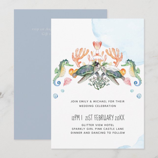 Carte Mariage de Tortues Marines avec la Mariée et le Ma (Devant / Derrière)