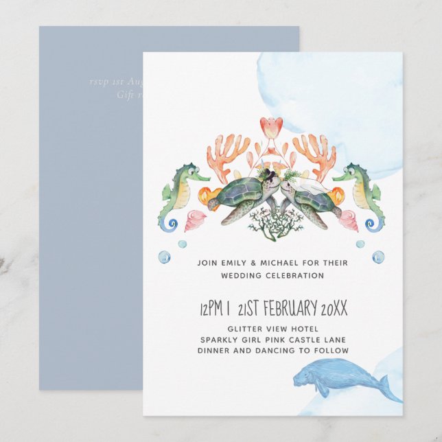 Carte Mariage de tortues marines SeaCow avec la mariée e (Devant / Derrière)