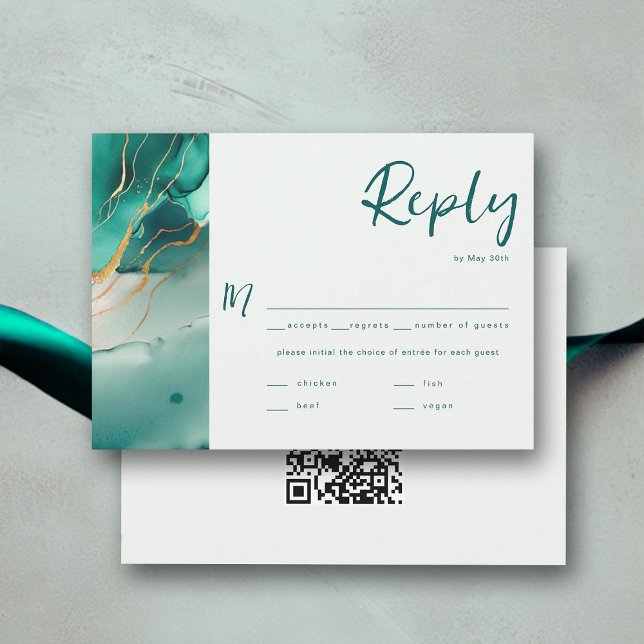 Carte Mariage d'or Emerald moderne QR Choix de repas RSV (emerald green gold modern summer beach wedding rsvp card meal choice qr code elegant bohemian chic)