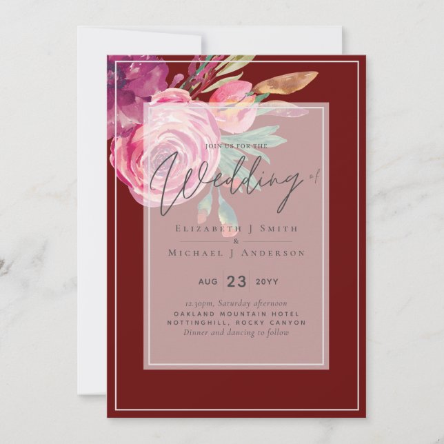 Carte Mariage du budget floral rose de Bourgogne (Devant)