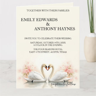 Carte Mariage Élégant au Cygne avec des Fleurs Romantiqu