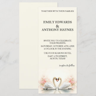 Carte Mariage Élégant au Cygne avec des Fleurs Romantiqu