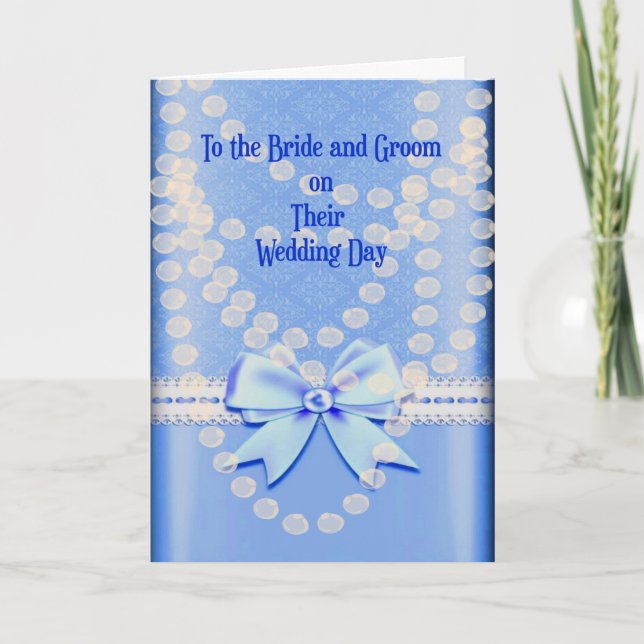 Carte mariage en bleu avec Faux Pearls & Bow (Devant)
