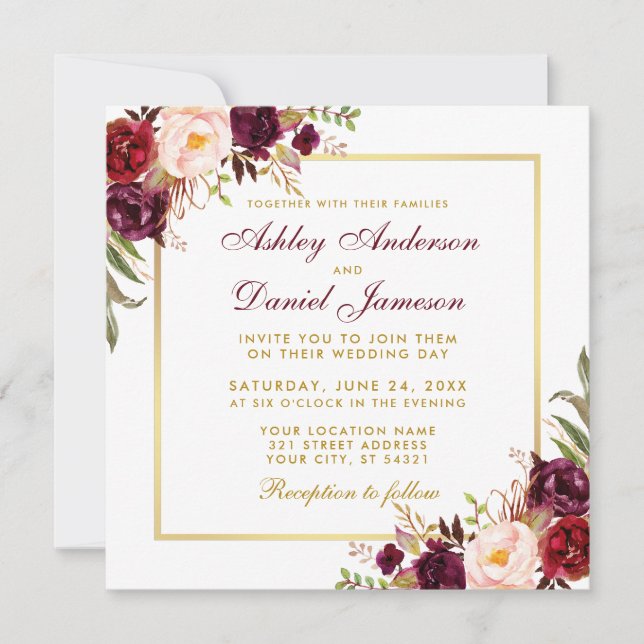 Carte Mariage en or couleur aquarelle Floral Bourg (Devant)