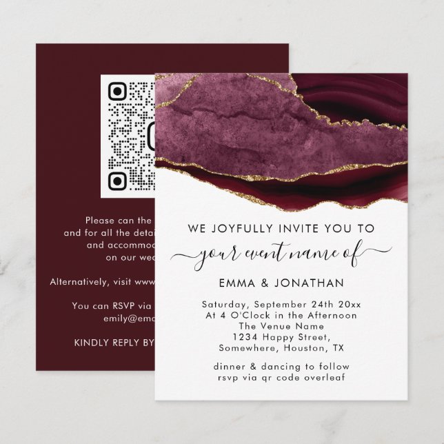 Carte Mariage événement QR Code Bourgogne Marsala Gold (Devant / Derrière)