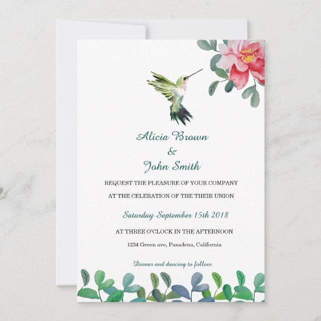 Carte Mariage Fleur rose et Aquarelle d'oiseaux (Devant)