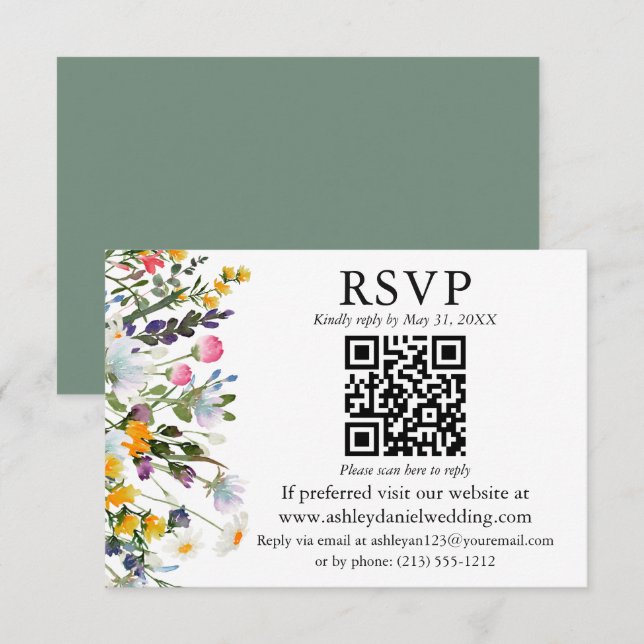 Carte Mariage Fleur sauvage aquarelle Sage vert QR RSVP (Devant / Derrière)