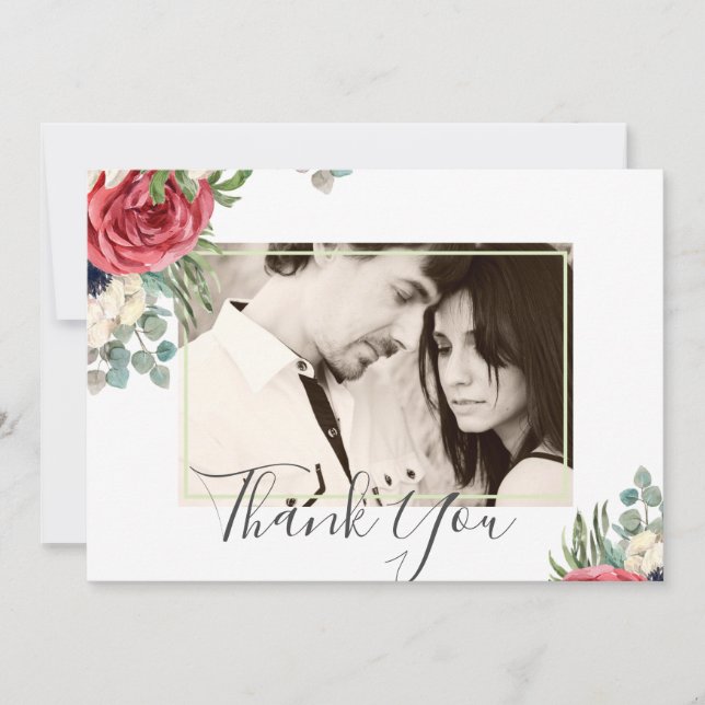 Carte Mariage Fleurs de Navy Rouge Profond et Eucalyptus (Devant)