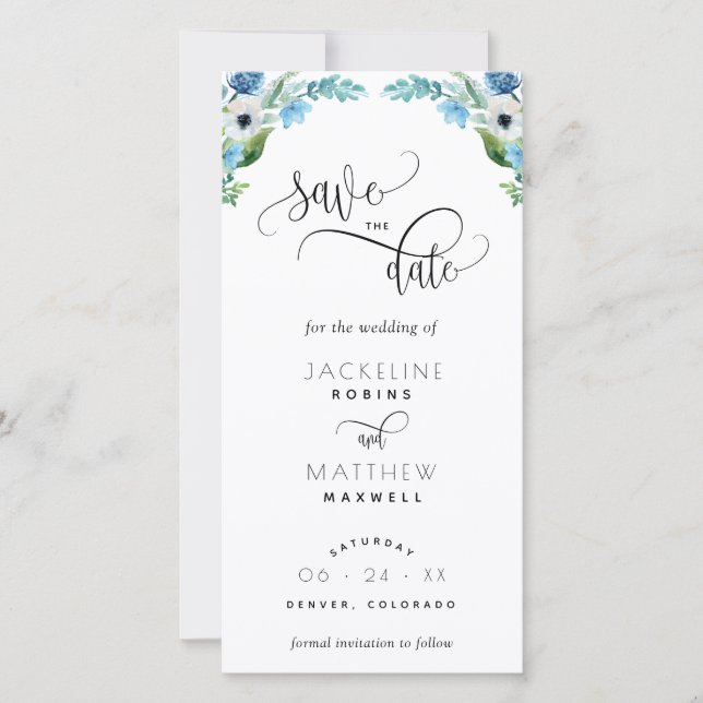 Carte Mariage Floral Bleu, Blanc Enregistrer La Date Sig (Devant)