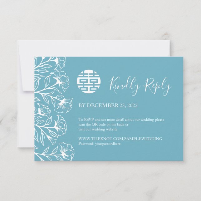 Carte Mariage floral élégant chinois RSVP avec code QR (Devant)