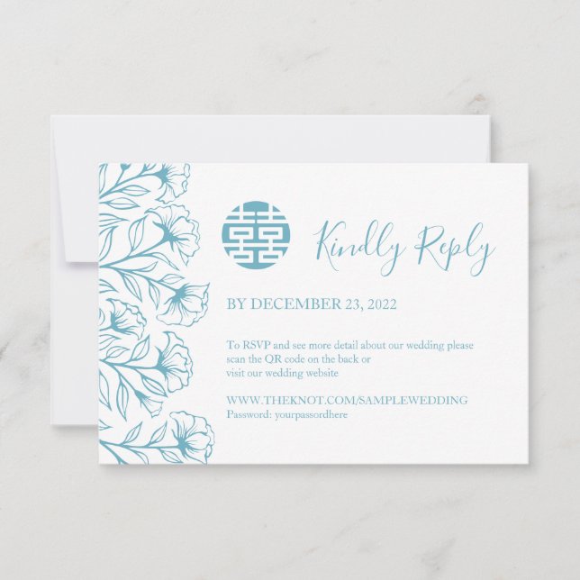Carte Mariage floral élégant chinois RSVP avec code QR (Devant)