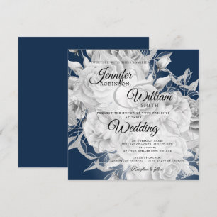 Carte Mariage floral élégant Silver & Navy simple