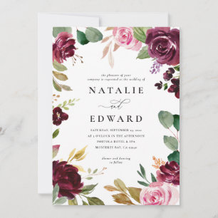 Carte Mariage floral rose, bordeaux et vert muet et figu