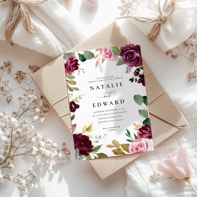 Carte Mariage floral rose, bordeaux et vert muet et figu (Créateur téléchargé)