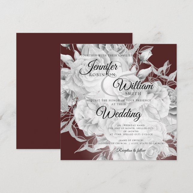 Carte Mariage floral sobre et bordeaux élégant (Devant / Derrière)