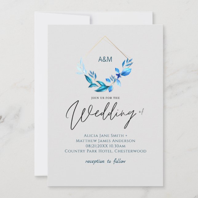 Carte Mariage gris or Feuille bleu brillant (Devant)