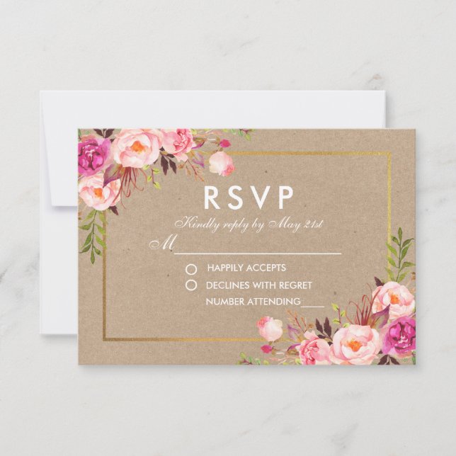 Carte Mariage Kraft Pink Blush Floral Gold RSVP (Devant)