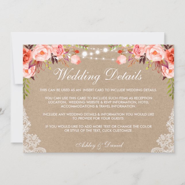 Carte Mariage Lights Dentelle Corail Détails Kraft Inser (Devant)