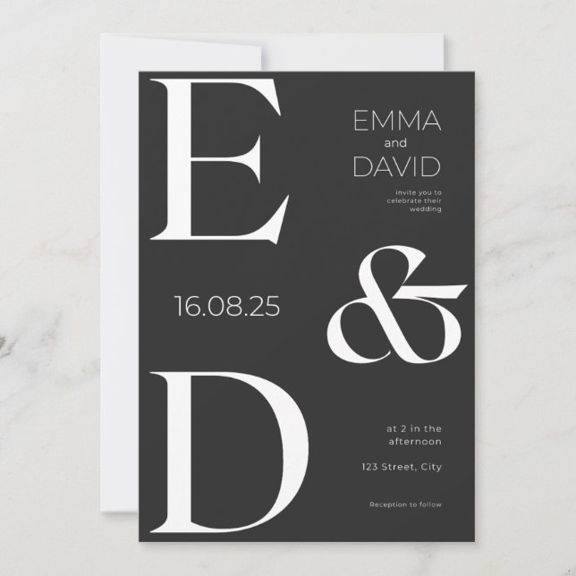 Carte Mariage minimaliste de typographie noir et blanc I (Devant)